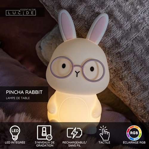 Lucide PINCHA RABBIT - Lampe de table Rechargeable Chambres d'enfant - Batterie/Piles - LED 3 StepDim - Rvb - Blanc | Essential - USP